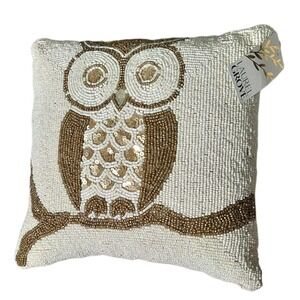 Laurel Grove Beaded Decorative Owl Pillow Gold/White 12"x12"